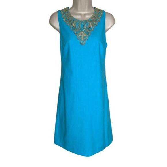 Eliza J Embellished Linen Blend Dress Size 4 Turquoise Sleeveless Lined - Picture 1 of 13